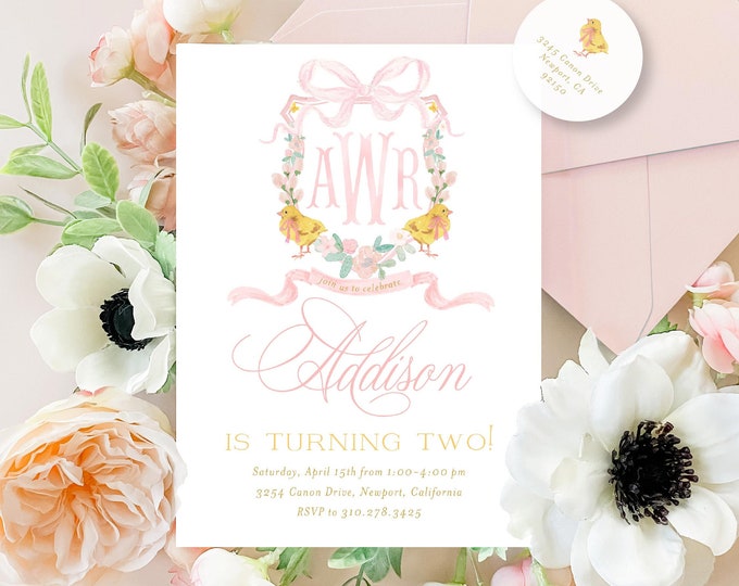 Duck Birthday Invitation, Easter Egg Hunt, Floral Monogram
