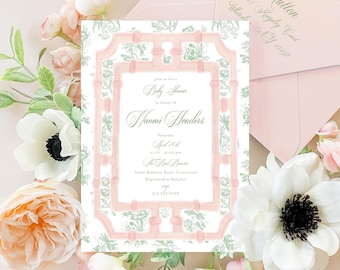 May include: A pink and green baby shower invitation with a floral pattern and a pink and white border. The invitation reads "Join us for a Baby Shower in honour of Naomi Henders" and includes the date, time, and location of the event. The invitation also includes the text "Registered at Babylist" and a phone number.