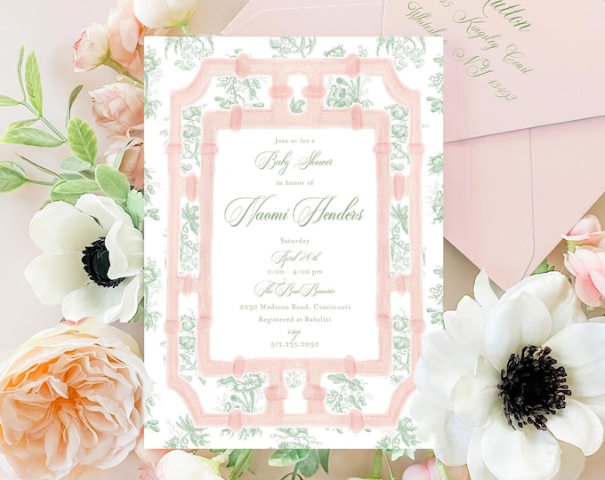 Green Toile Chinoiserie Baby Shower Invitation, Monogram Crest