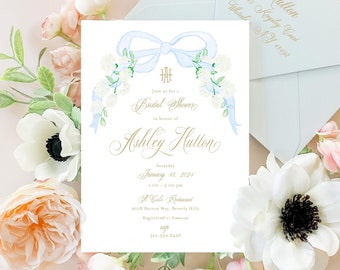 Watercolor Bridal Shower Invitation, Blue Bow, Hydrangea
