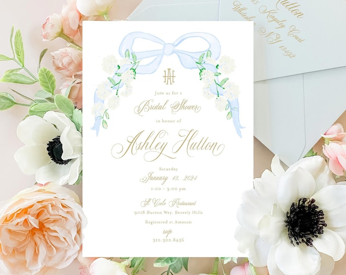 Watercolor Bridal Shower Invitation, Blue Bow, Hydrangea