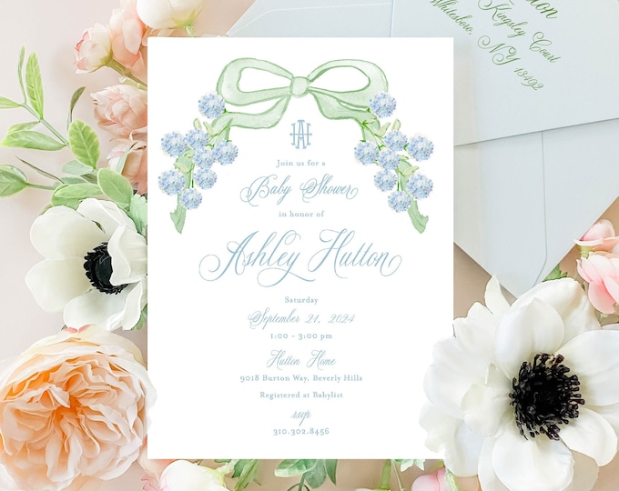 Monogram Baby Shower Invitation, Watercolor Hydrangea, Green Bow