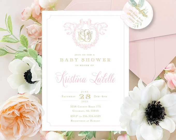 Monogram Baby Shower Invitation, Crest baby shower invitation, Grandmillennial Invitation, wreath ribbon invitation, Pink baby shower