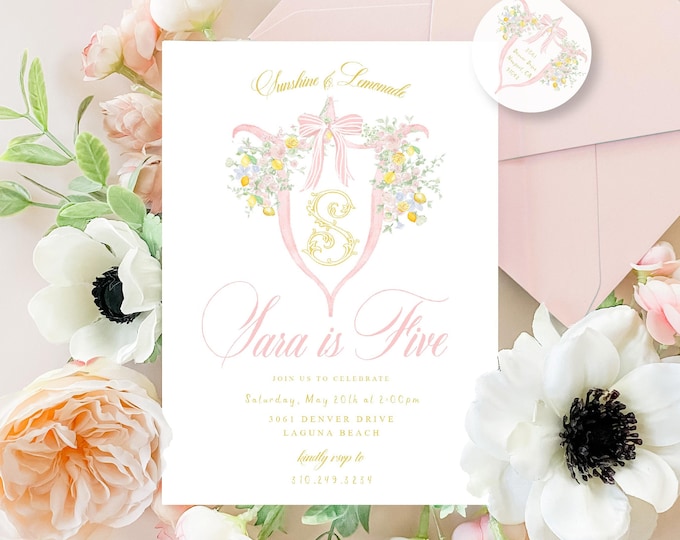 Floral Lemonade Birthday Invitation, Monogram Invitation