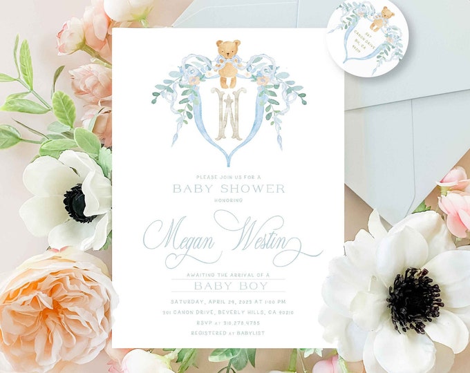 Teddy Bear Baby Shower Invitation – Monogram Crest