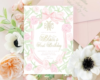 Watercolor Floral Crest Invitation, Pink Gingham Monogram