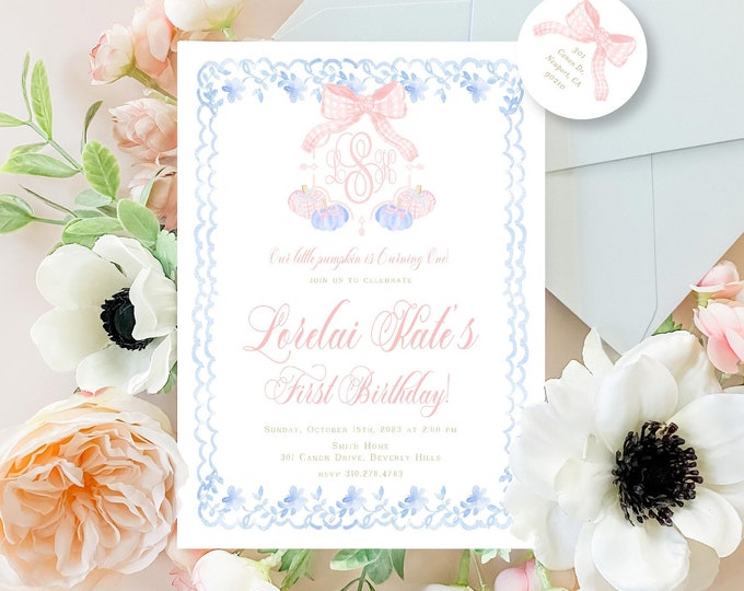 Pumpkin Birthday Invitation, Toile Chinoiserie, Monogram
