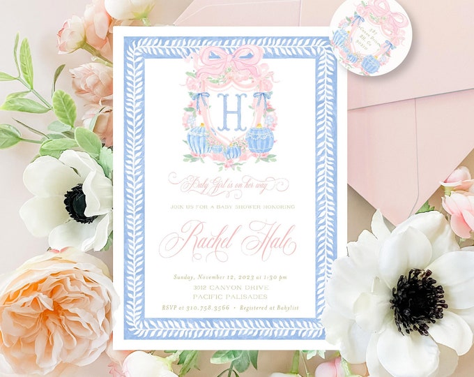 Chinoiserie Pumpkin Baby Shower Invitation: Crest Monogram
