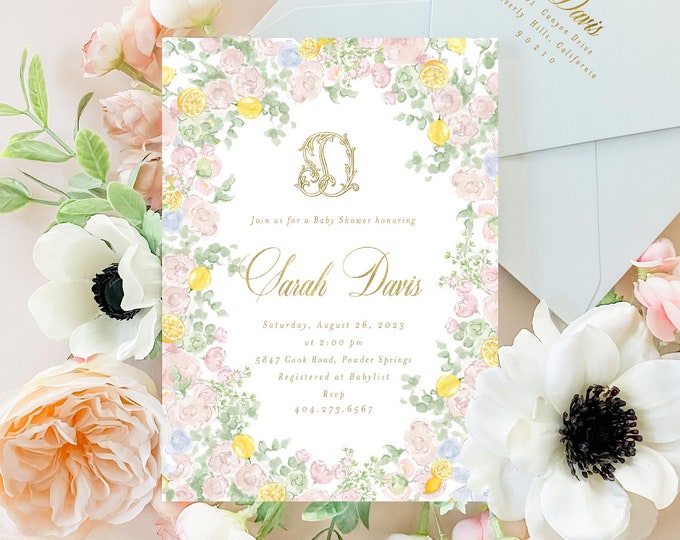Watercolor Lemon Floral Baby Shower Invitation
