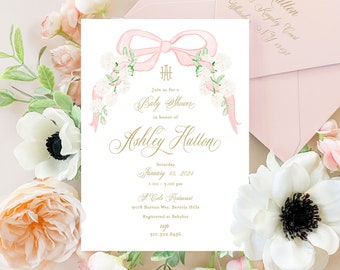 Invito per baby shower con monogramma, fiocco rosa acquerello