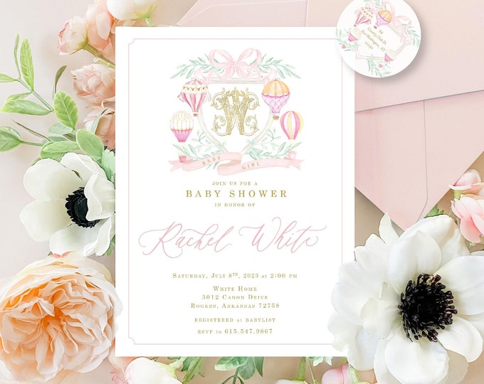 Watercolor Hot Air Balloon Baby Shower Invitation, Monogram, Girl Invite