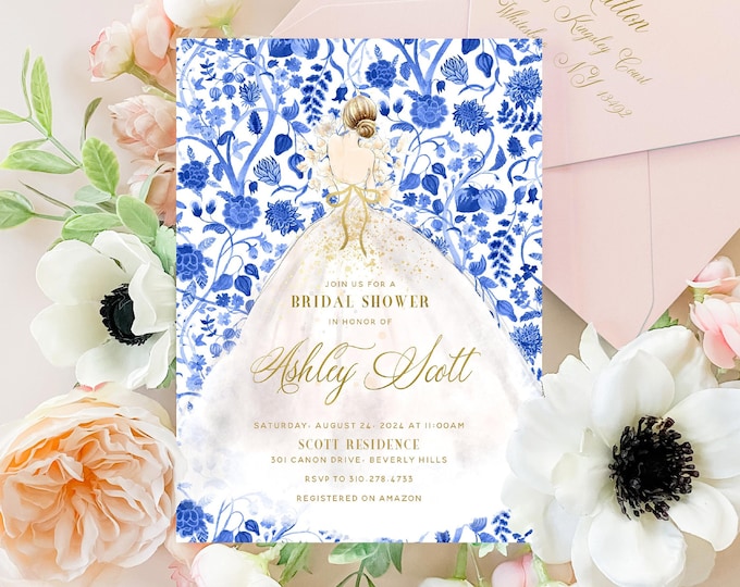 Something Blue invitation, Bridal Shower Invitation, Watercolor Bride invitation, chinoiserie invitation, Bride dress invitation