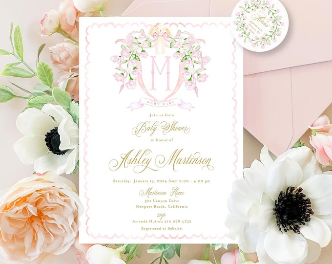 Bunny Crest Baby Shower Invitation, Watercolor Floral Monogram