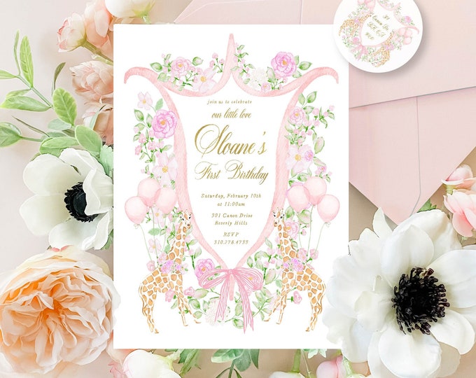 Watercolor Giraffe Baby Girl Invitation, Floral Crest, Safari