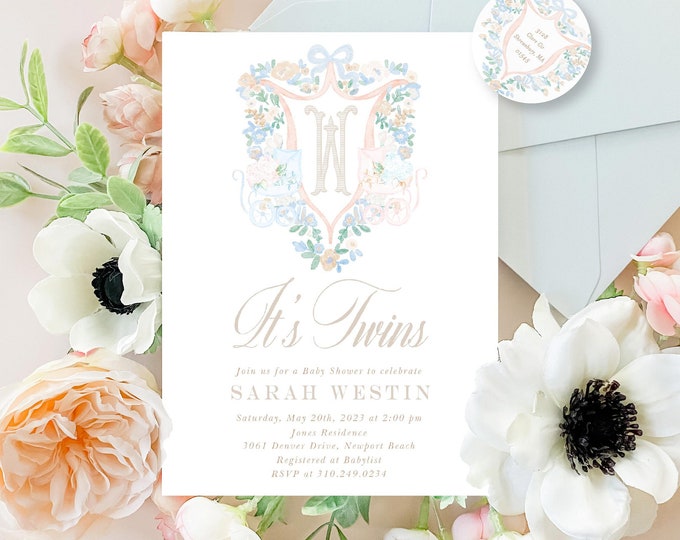 Twins Baby Shower Invitations, Baby Carriage, Monogram, Crest