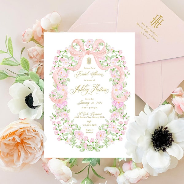 Bridal Shower Invitation, Crest invitation, Brunch Invitation, Watercolor Monogram invitation,  Floral Watercolor Bridal Brunch