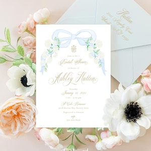 Bridal Shower Invitation, Something Blue invitation, Brunch Invitation, Watercolor Monogram invitation, Bridal Luncheon, Blue Bow, Hydrangea