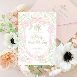 Aquarell Blumenkamm Einladung, Aquarell Kamm Einladung, Einladung Monogramm, Monogramm Einladung, Karo