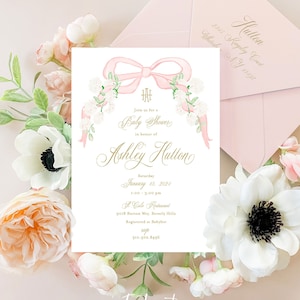 Monogram invitation, Baby Shower Invitation, Baby Girl Shower Invitations, Watercolor Pink Bow invitation, Pink Bow invitation