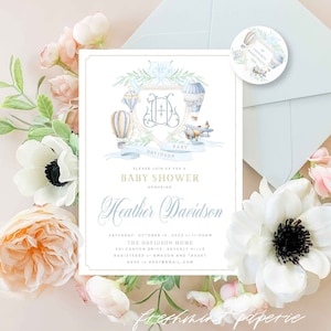 Invito per baby shower a forma di mongolfiera, invito per baby shower per maschietto, invito per baby shower, aeroplano, acquerello, inviti per baby shower con palloncini