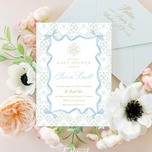 Monogram invitation, Baby Shower Invitation, Boy Baby Shower Invitations, Watercolor Bow invitation, Bow Frame