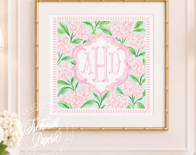 Monogram Wall Art, Monogram, Pink, Grandmillennial, Watercolor, Chinoiserie, Hydrangeas