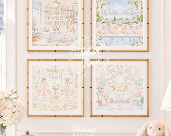 Nursery Wall Art, Bunny Prints, Grandmillennial, Chinoiserie,  Set of 4