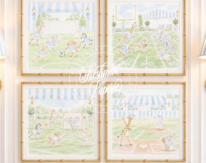 Nursery Art, Boys Sports Print , Grandmillennial, Chinoiserie,  Set of 4