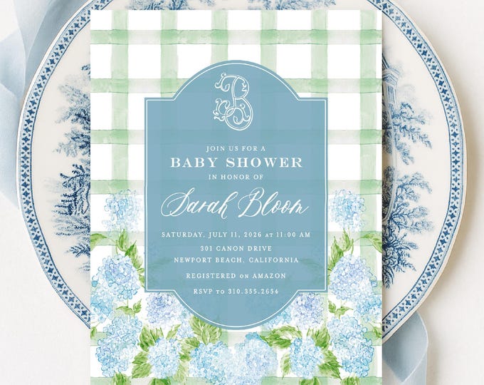 Blue Hydrangea Baby Shower Invitation, Monogram