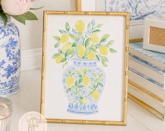 Chinoiserie wall art, Watercolor, Grandmillennial, Floral, Lemon, Ginger Jar
