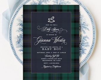Classic Plaid Baby Shower Invitation: Equestrian Rocking Horse Design