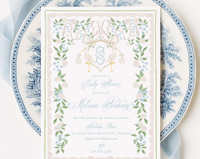 Stork Baby Shower Invitation, Watercolor, Heirloom Rattle, Monogram, Grandmillennial, Blue Floral
