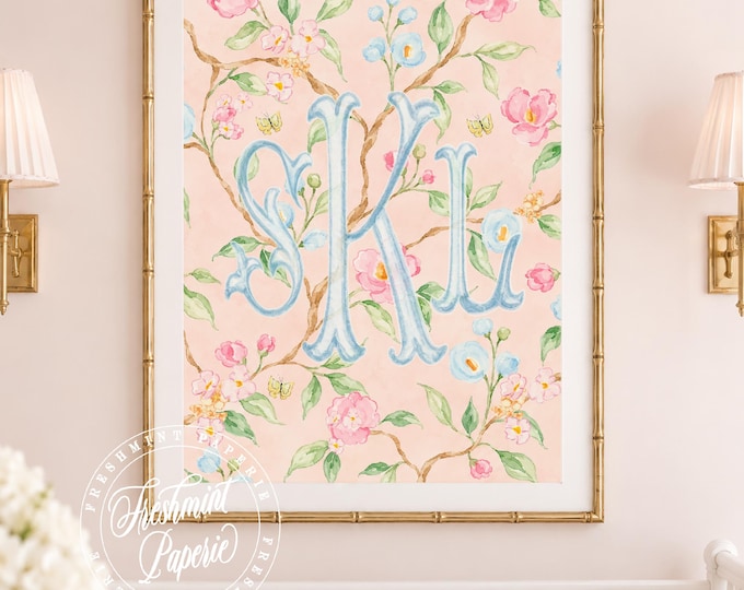 Watercolor Chinoiserie Monogram Nursery Art, Custom Wall Print, Cherry Blossom, Grandmillennial, Peach