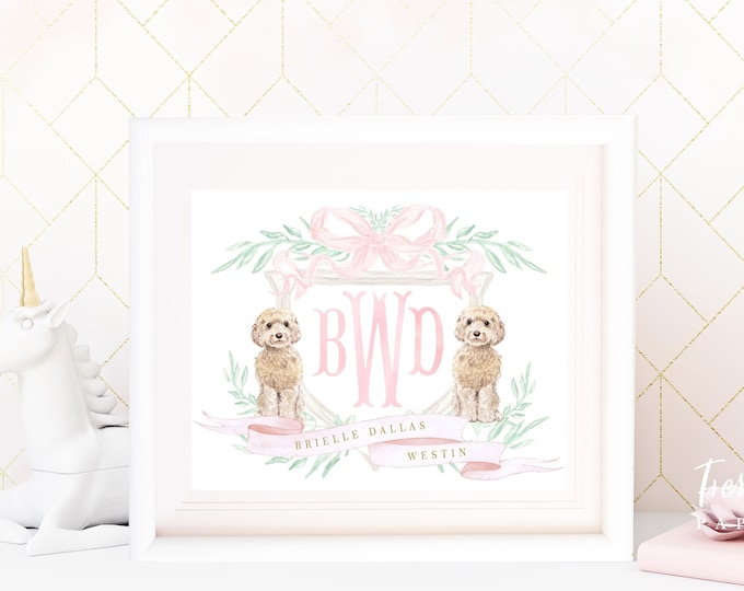 Custom Puppy Nursery Print, Pink Floral Dog Wall Art, Doodle, Pink Bow