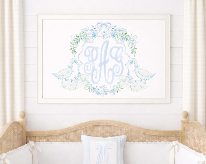Blue Toile Nursery Print, Custom Monogram Wall Art, Goose