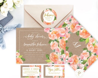 Peach Floral invitations - Floral Watercolor  invitation - baby shower invitation - Easter invitation - freshmint paperie