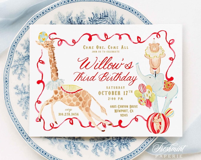 Carnival Birthday Invitation | Circus Animals, Giraffe, Whimsical, Watercolor
