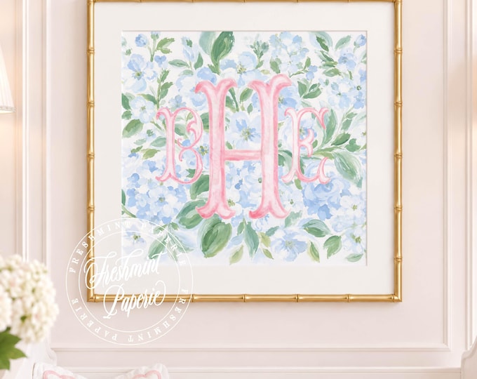 Monogram Wall Art, Hydrangea, Chinoiserie, Floral, Grandmillennial, Watercolor