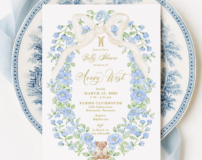Teddy Bear invitation, Monogram, baby shower, Blue Floral, Gingham, Bow, Grandmillennial, Crest, Watercolor