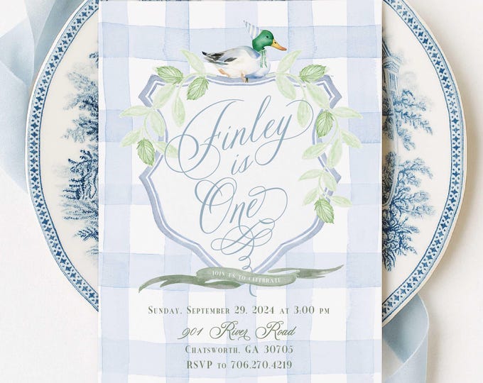 Mallard Duck Birthday Invitation: Gingham Invitation