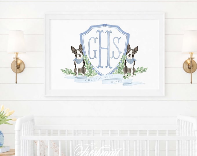Boston Terrier Nursery Print: Custom Dog Wall Art, Monogram, Blue