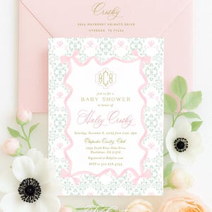 Monogram invitation, Baby Shower Invitation, Boy Girl Shower Invitations, Watercolor Pink Bow invitation, Pink Bow Frame