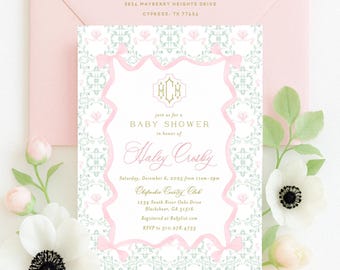 Monogram Baby Shower Invitation, Watercolor Pink Bow, Grandmillennial