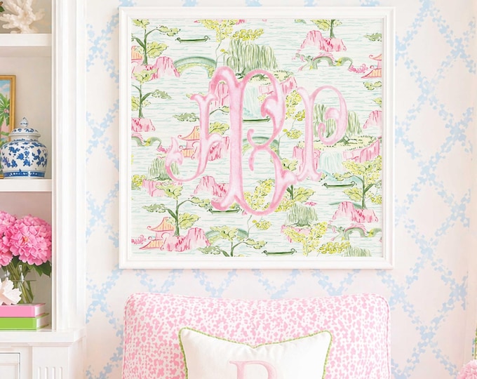 Monogram Wall Art, Chinoiserie, Mahjong, Grandmillennial, Watercolor