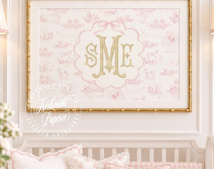 Pink Toile Monogram Nursery Art Print: Custom Baby Girl Decor