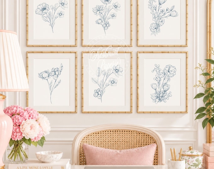 Blue Botanical art Prints, Floral Wall Art, Vintage Botanical Prints, Set of 6