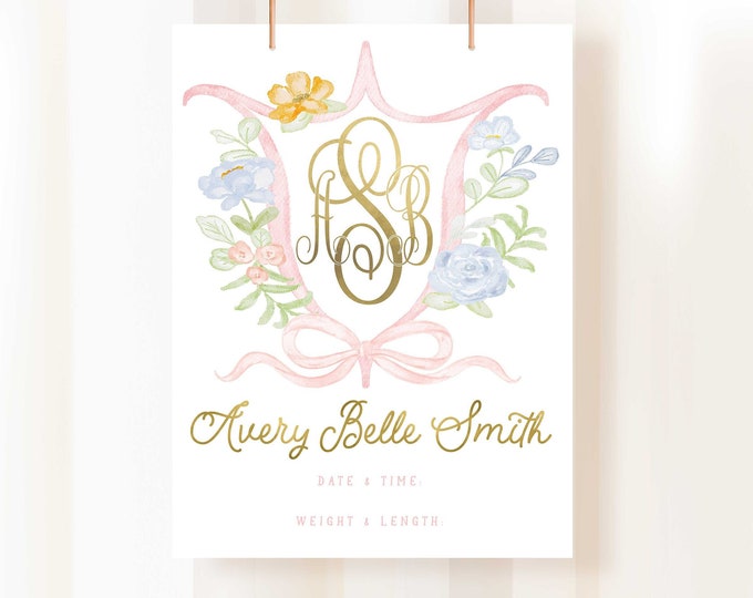 Personalized Newborn Announcement Crest Print, Nursery Wall Art