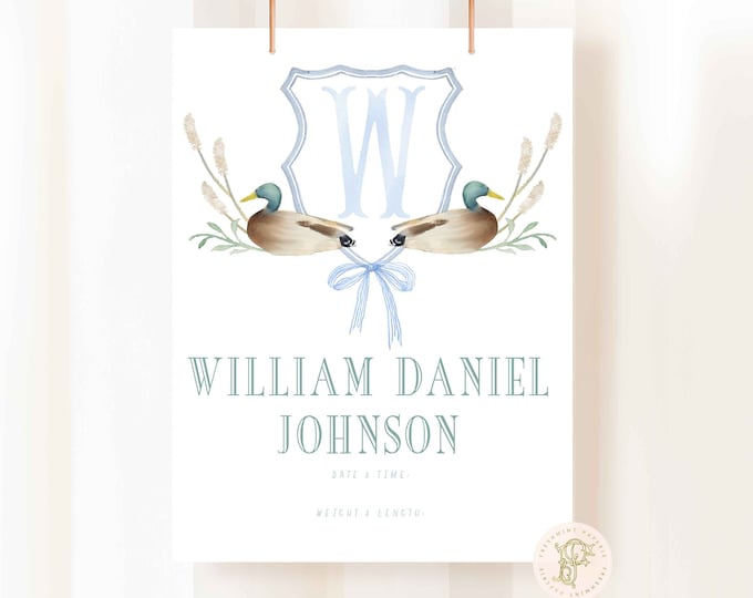 Mallard Duck Nursery wall art, Monogram, Newborn Sign, Announcement, Welcome Baby
