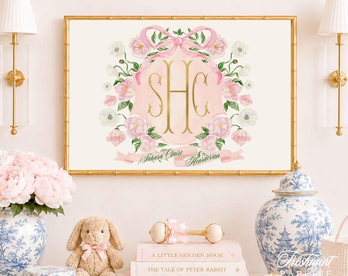 Watercolor Floral Monogram Nursery Art - Custom Name Print