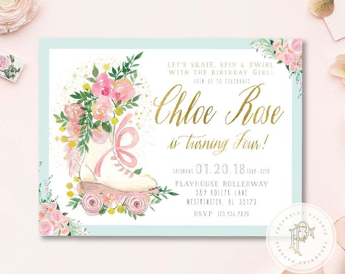 Floral Roller Skate Birthday Invitation | Girls Party Invite